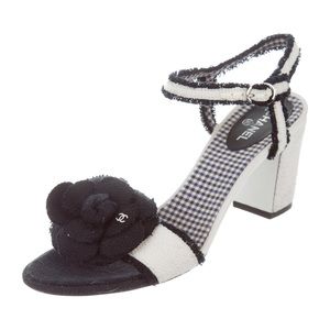 Chanel  Tweed Camellia Sandals Navy in Metallic.